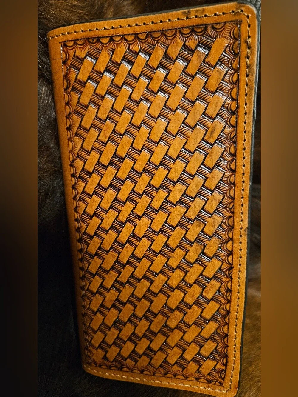 Tooled Leather Wallet with Floral & Playing Card Design - Tan